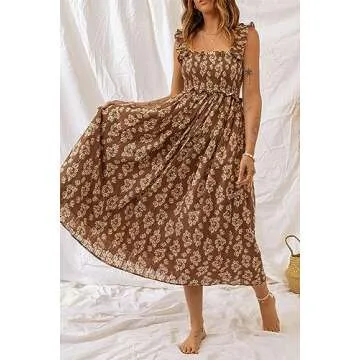Ecosunny Women's Summer Casual Loose Dress Brown Ruffled Straps Smocked Floral Maxi Dress Brown S