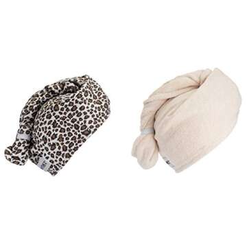 Turbie Twist Microfiber Hair Towel Animal Print 2 Pack (Tan-Leopard)