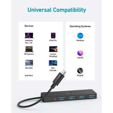 Anker 4-Port USB 3.0 Hub with 5Gbps Data Transfer, Ultra-Slim Data USB C Hub [Charging Not Supported], for MacBook, iMac, Surface, Mobile HDD, and More (USB-C, 0.7 ft)