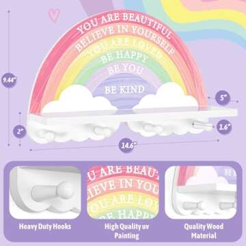 Garybank Inspirational Rainbow Shelf for Girls Bedroom Wall Decor, Girls Room Rainbow Decor, Wooden Kids Coat Rack with Hooks Wall Mount, 4 Pegs Kids Clothes Rack, Unicorn Girl Gifts for Christmas