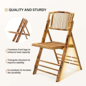 VINGLI Bamboo Folding Chair, Foldable Dining Wood Chairs Comfortable Seat for Outdoor & Indoor, Patio, Porch, Wedding, Party, Event, 4 Pack