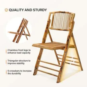 VINGLI Bamboo Folding Chair, Foldable Dining Wood Chairs Comfortable Seat for Outdoor & Indoor, Patio, Porch, Wedding, Party, Event, 4 Pack