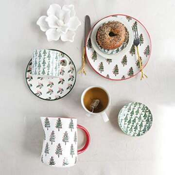 Creative Co-Op 7-1/2"L x 5" W x 6-1/4"H 32 oz. Hand-Painted Stoneware Pitcher w/Christmas Tree Pattern, Red Rim & Handle, Cream Color & Green Serveware, Multi