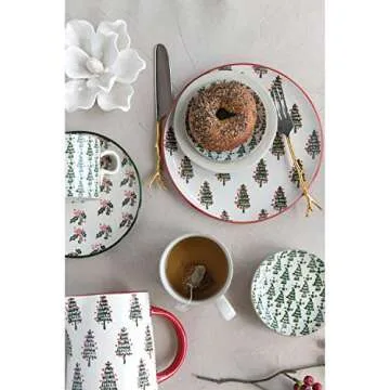 Creative Co-Op 7-1/2"L x 5" W x 6-1/4"H 32 oz. Hand-Painted Stoneware Pitcher w/Christmas Tree Pattern, Red Rim & Handle, Cream Color & Green Serveware, Multi