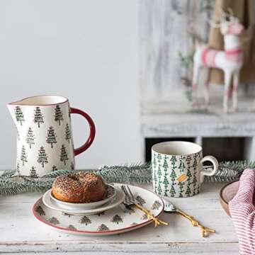 Creative Co-Op 7-1/2"L x 5" W x 6-1/4"H 32 oz. Hand-Painted Stoneware Pitcher w/Christmas Tree Pattern, Red Rim & Handle, Cream Color & Green Serveware, Multi