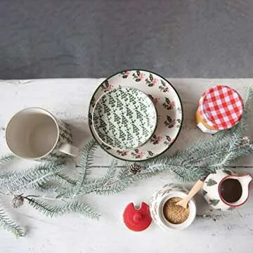 Creative Co-Op 7-1/2"L x 5" W x 6-1/4"H 32 oz. Hand-Painted Stoneware Pitcher w/Christmas Tree Pattern, Red Rim & Handle, Cream Color & Green Serveware, Multi