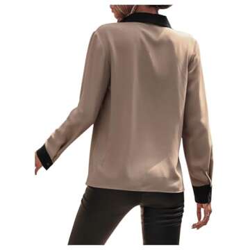 OYOANGLE Women's Colorblock V Neck Long Sleeve Collared Shirt Work Office Blouse Tops Khaki and Black M