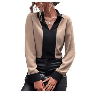 OYOANGLE Women's Colorblock V Neck Long Sleeve Collared Shirt Work Office Blouse Tops Khaki and Black M