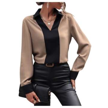OYOANGLE Women's Colorblock V Neck Long Sleeve Collared Shirt Work Office Blouse Tops Khaki and Black M