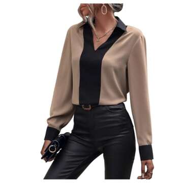 OYOANGLE Women's Colorblock V Neck Long Sleeve Collared Shirt Work Office Blouse Tops Khaki and Black M