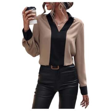 OYOANGLE Women's Colorblock V Neck Long Sleeve Collared Shirt Work Office Blouse Tops Khaki and Black M