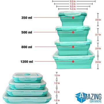 AMAZING CONTAINERS Collapsible Silicone Food Storage Container Set of 4 with Lids | Stackable | Microwaveable | Freezer, Dishwasher Safe| BPA Free