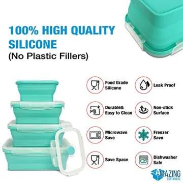 AMAZING CONTAINERS Collapsible Silicone Food Storage Container Set of 4 with Lids | Stackable | Microwaveable | Freezer, Dishwasher Safe| BPA Free