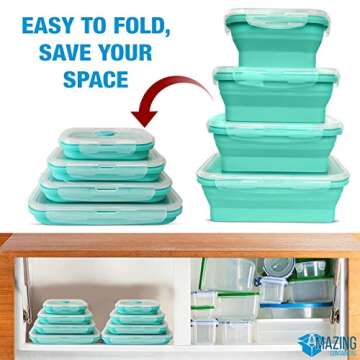 AMAZING CONTAINERS Collapsible Silicone Food Storage Container Set of 4 with Lids | Stackable | Microwaveable | Freezer, Dishwasher Safe| BPA Free