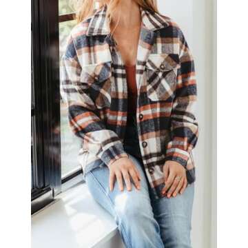 AUTOMET Womens Fall Outfits Fashion Clothes Shackets Flannel Plaid Button Down Long Sleeve Shirts Jackets Orangewhite S