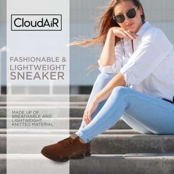 CLOUDAIR Vesta Women's Sneakers: Casual Running, Walking Arch Support Shoes, Lightweight Slip-On Sock Design, Non-Slip Work Shoes for Women, Comfortable Air Cushioned Platform Sneakers, Brown, 7.5