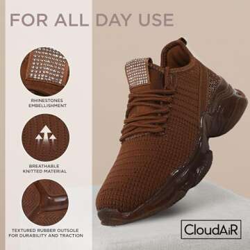 CLOUDAIR Vesta Women's Sneakers: Casual Running, Walking Arch Support Shoes, Lightweight Slip-On Sock Design, Non-Slip Work Shoes for Women, Comfortable Air Cushioned Platform Sneakers, Brown, 7.5