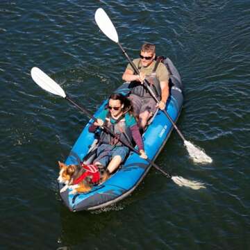 AQUAGLIDE Chinook 120 Inflatable 12' Foot Kayak Kit Packable for Adults Family Friendly Pet Adaptable 1 or 2 Riders Blow Up Recreational Kayaking for Angler Fishing Hunting