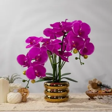 JARELING Artificial Orchids Flowers with Vase for Table Centerpieces, Real Touch Faux White Orchid Phalaenopsis in Ceramic Vase for Home Wedding Kitchen Decoration (Gold Vase, Purple)