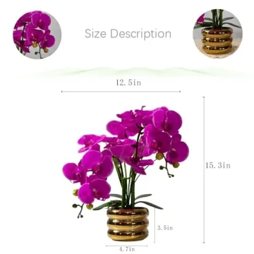 JARELING Artificial Orchids Flowers with Vase for Table Centerpieces, Real Touch Faux White Orchid Phalaenopsis in Ceramic Vase for Home Wedding Kitchen Decoration (Gold Vase, Purple)