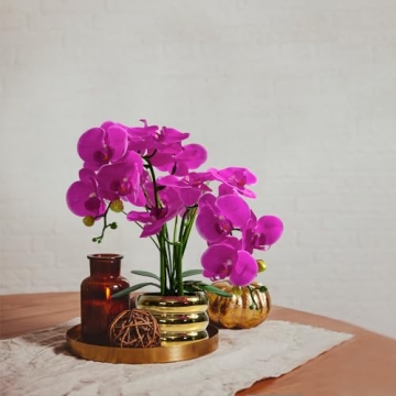 JARELING Artificial Orchids Flowers with Vase for Table Centerpieces, Real Touch Faux White Orchid Phalaenopsis in Ceramic Vase for Home Wedding Kitchen Decoration (Gold Vase, Purple)