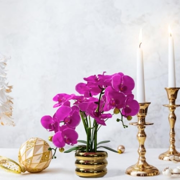 JARELING Artificial Orchids Flowers with Vase for Table Centerpieces, Real Touch Faux White Orchid Phalaenopsis in Ceramic Vase for Home Wedding Kitchen Decoration (Gold Vase, Purple)
