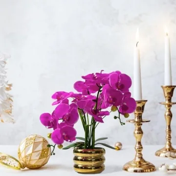 JARELING Artificial Orchids Flowers with Vase for Table Centerpieces, Real Touch Faux White Orchid Phalaenopsis in Ceramic Vase for Home Wedding Kitchen Decoration (Gold Vase, Purple)