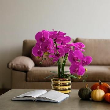 JARELING Artificial Orchids Flowers with Vase for Table Centerpieces, Real Touch Faux White Orchid Phalaenopsis in Ceramic Vase for Home Wedding Kitchen Decoration (Gold Vase, Purple)
