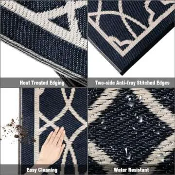 Pendolr 5’x8’ Outdoor Rug Waterproof Carpet Patio Rug Outdoor Plastic Straw Rug Camping Rug Reversible Outside Outdoor Area Rug for Balcony Deck Backyard RV Picnic Beach Black&Beige 01#