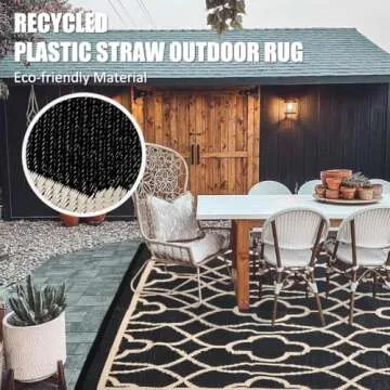 Pendolr 5’x8’ Outdoor Rug Waterproof Carpet Patio Rug Outdoor Plastic Straw Rug Camping Rug Reversible Outside Outdoor Area Rug for Balcony Deck Backyard RV Picnic Beach Black&Beige 01#