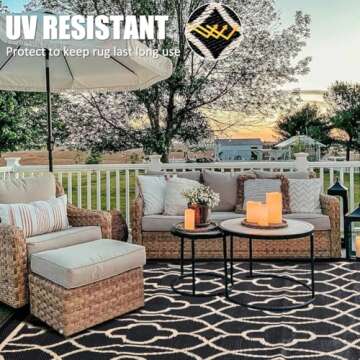 Pendolr 5’x8’ Outdoor Rug Waterproof Carpet Patio Rug Outdoor Plastic Straw Rug Camping Rug Reversible Outside Outdoor Area Rug for Balcony Deck Backyard RV Picnic Beach Black&Beige 01#