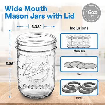 Ball Wide Mouth Mason Jars 16 oz. - 12 Pack for Canning