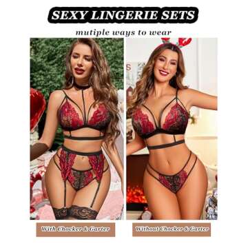 Avidlove Lace Garter Lingerie Set with Removable Choker Teddy Babydoll Strappy Bra and Panty Set (No...