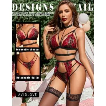 Avidlove Lace Garter Lingerie Set with Removable Choker Teddy Babydoll Strappy Bra and Panty Set (No Stockings) Black&red Large