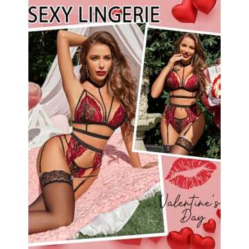Avidlove Lace Garter Lingerie Set with Removable Choker Teddy Babydoll Strappy Bra and Panty Set (No Stockings) Black&red Large