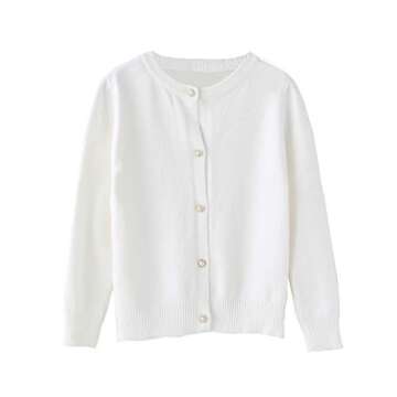 SMILING PINKER Little Girls Crewneck Cardigans Button Knitted Uniform Sweaters Solid Long Sleeves(7-8 Years,White)