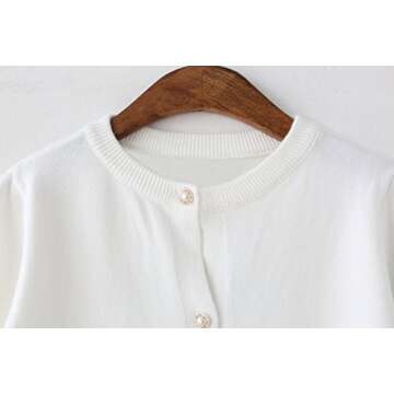 SMILING PINKER Little Girls Crewneck Cardigans Button Knitted Uniform Sweaters Solid Long Sleeves(7-8 Years,White)