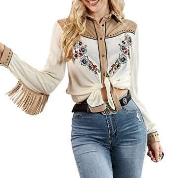 JOHN MOON Women's Embroidered Western Long Sleeve Buttons Down Shirts Collared Retro Casual Blouses Shirts