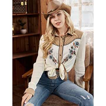 JOHN MOON Women's Embroidered Western Long Sleeve Buttons Down Shirts Collared Retro Casual Blouses Shirts