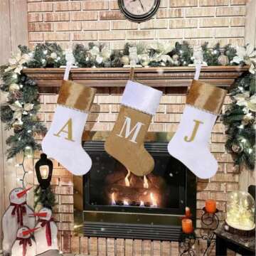 Yehnois Personalized Gold & White Velvet Christmas Stocking,Initial Monogram Christmas Stocking,Gold Rope Decoration，Embroidered Letter,Xmas Festive Holiday Home Decor(White Letter J)