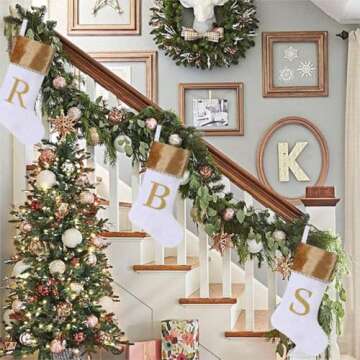 Yehnois Personalized Gold & White Velvet Christmas Stocking,Initial Monogram Christmas Stocking,Gold Rope Decoration，Embroidered Letter,Xmas Festive Holiday Home Decor(White Letter J)