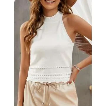 EVALESS Womens Halter Crop Tank Tops 2024 Trendy Summer Casual Ribbed Knit Racerback High Neck Corset Tube Cute Sleeveless Slim Basic Cami Tops Blouses Clothes,White L