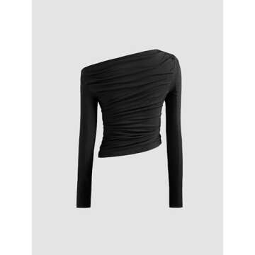 CIDER Women's Asymmetrical Top Off The Shouler Long Sleeve Shirts Ruched Going Out Crop Tops