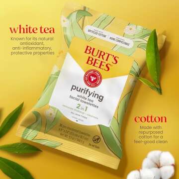 Burt's Bees Valentines Day Gifts, White Tea Face Wipes, for Sensitive Skin, Soothing Makeup Remover & Facial Cleansing Towelettes, 30 Ct. (3-Pack)