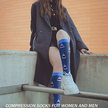 CTHH 7 Pairs Compression Socks for Women & Men Circulation Support Knee High Socks (02 Blue/Black/Red/Shark, Small-Medium)