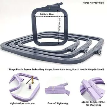 Nurge Anthracite 4 Pcs Set Plastic Square Embroidery Hoop, Cross Stitch Hoops, Punch Needle Hoop , DIY Craft Sewing,ABS Plastic Embroidery Hoops