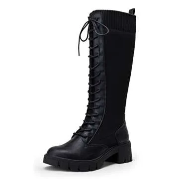 Vepose Women's Black Lace Combat Knee High Boots