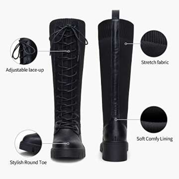 Vepose Women's Black Lace Combat Knee High Boots