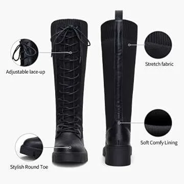 Vepose Women's Black Lace Combat Knee High Boots