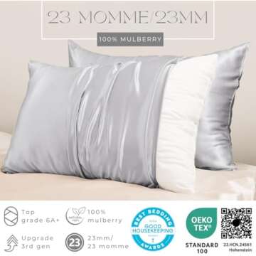 PROMEED 100% Mulberry Silk Pillowcase for Hair and Skin with Zipper, Both Sides Pure 23 Momme Silk P...